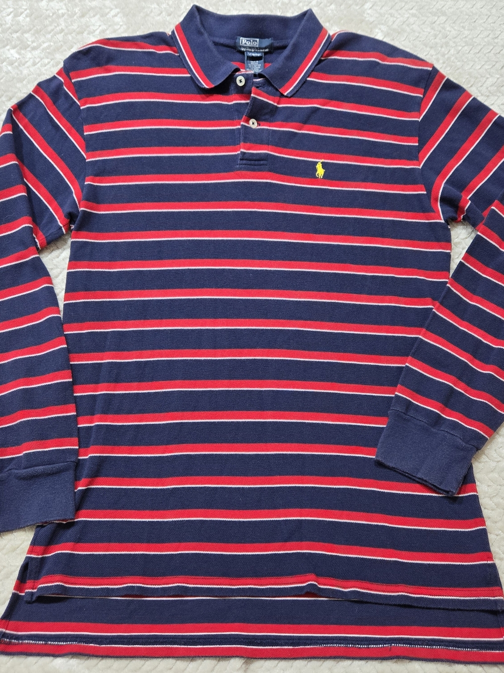 Polo Ralph Lauren Shirt Boys Large 16/18 Blue Red Stripe Rugby Polo Long Sleeve